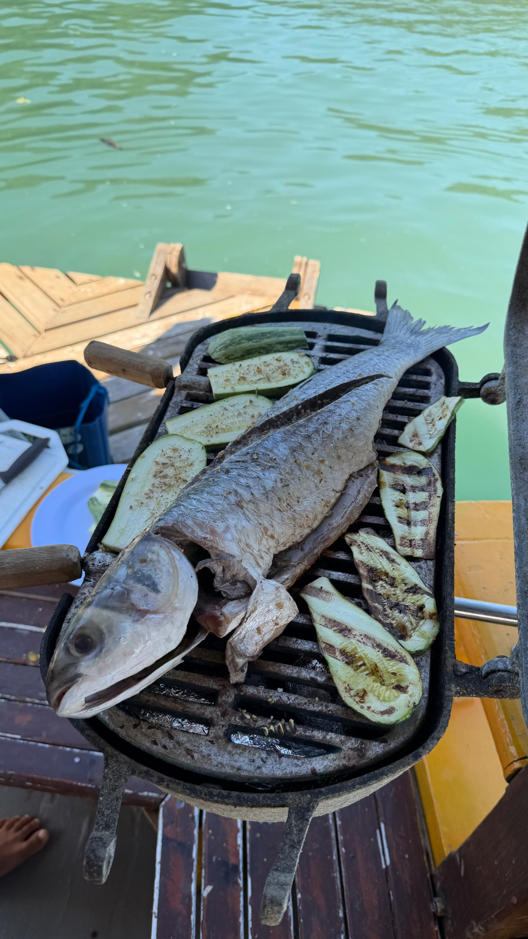 Peixe e legumes na churrasqueira a bordo do barco